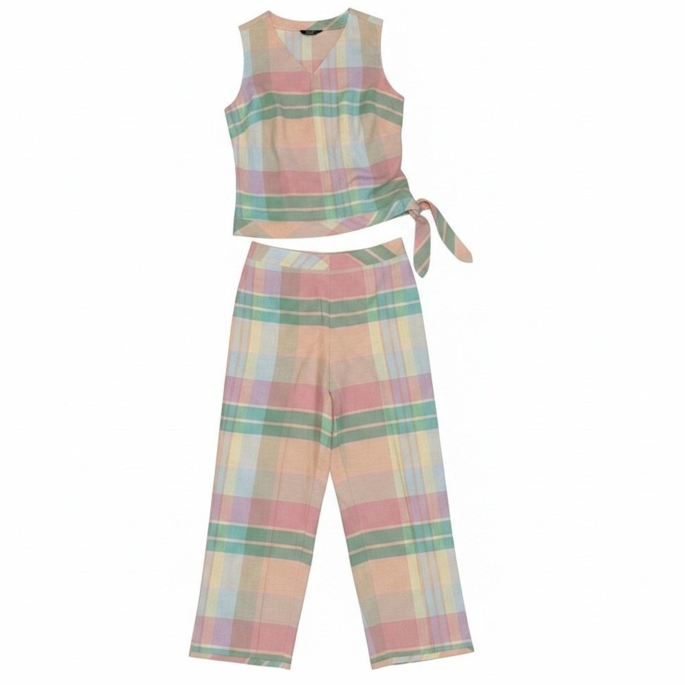 Willi Smith‎ Womens 100% Linen Pastel Plaid 2 Piece Set Top & Pants S 4